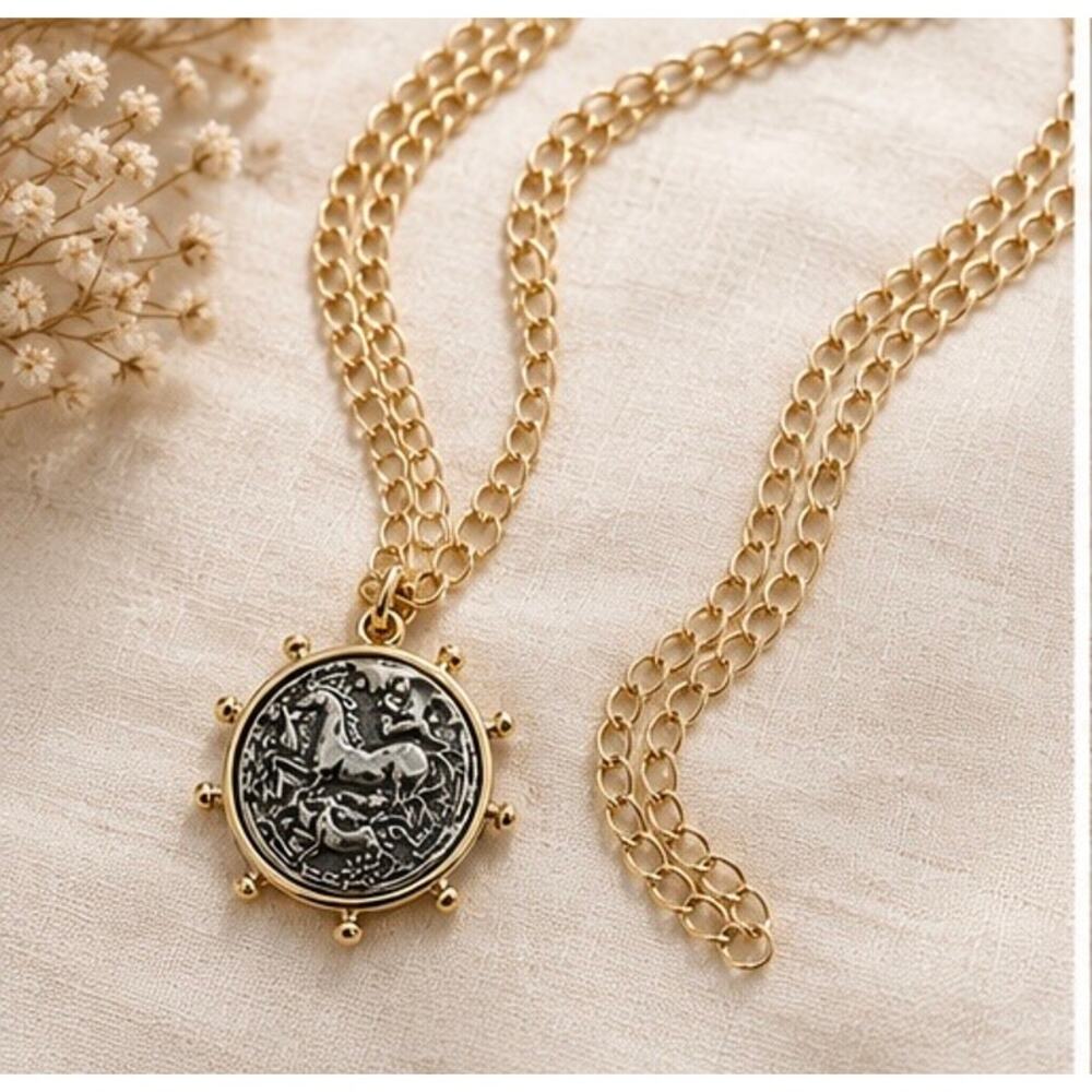Equestrian Inspired Coin Pendant Necklace – 30” Adjustable Layering Chain - Picture 2 of 11